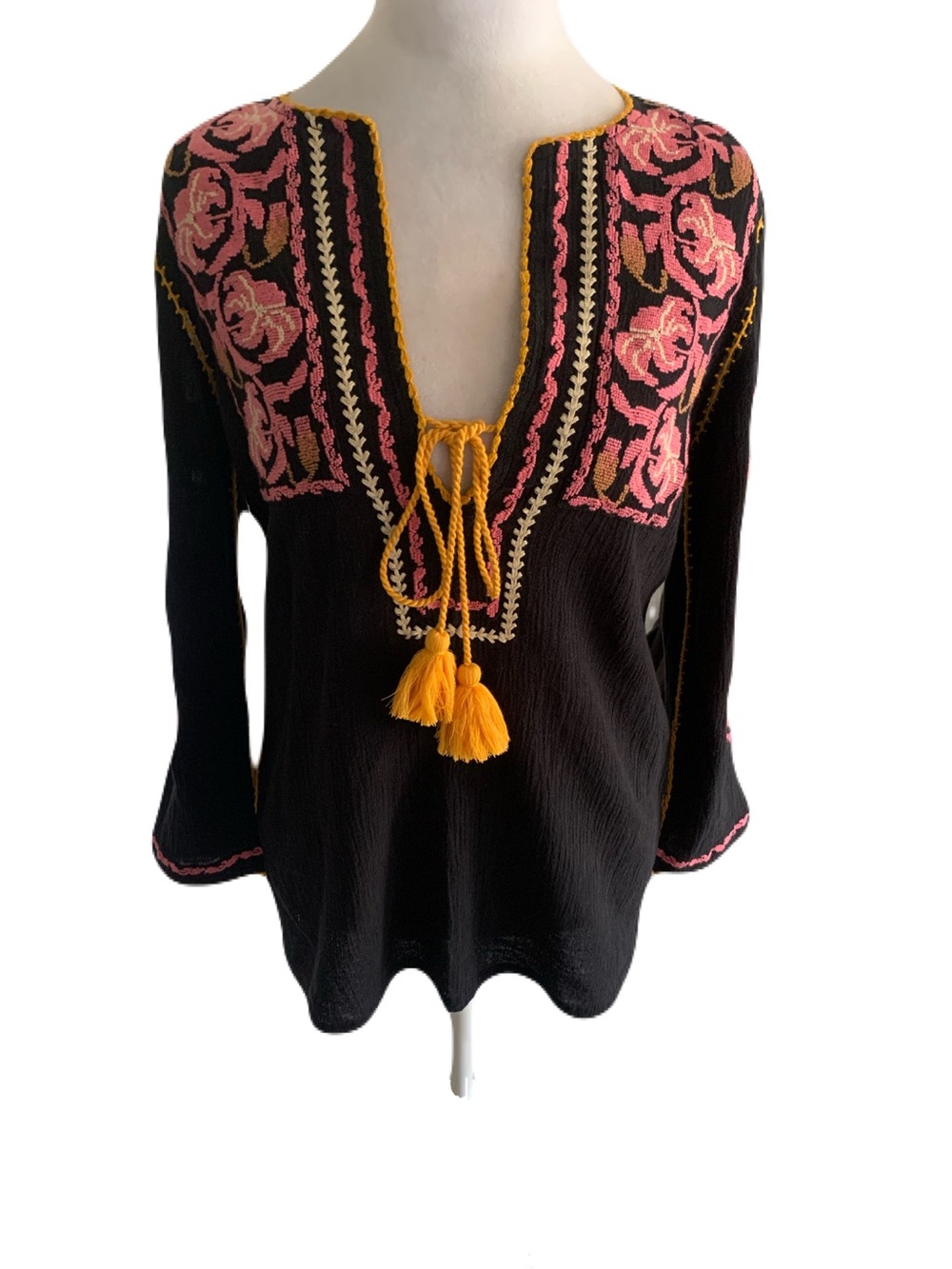 Figue XS Black Pink Gold Tassel Embroidered Peasant Tunic Top Boho Hippie